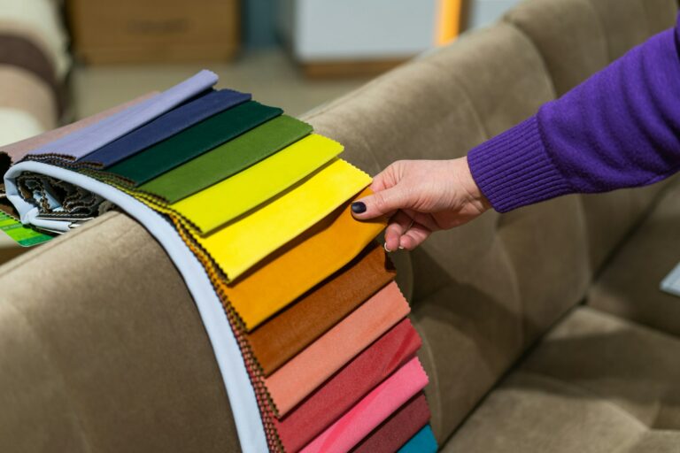 A women looks at tissue samples. Selects the color of the sofa.