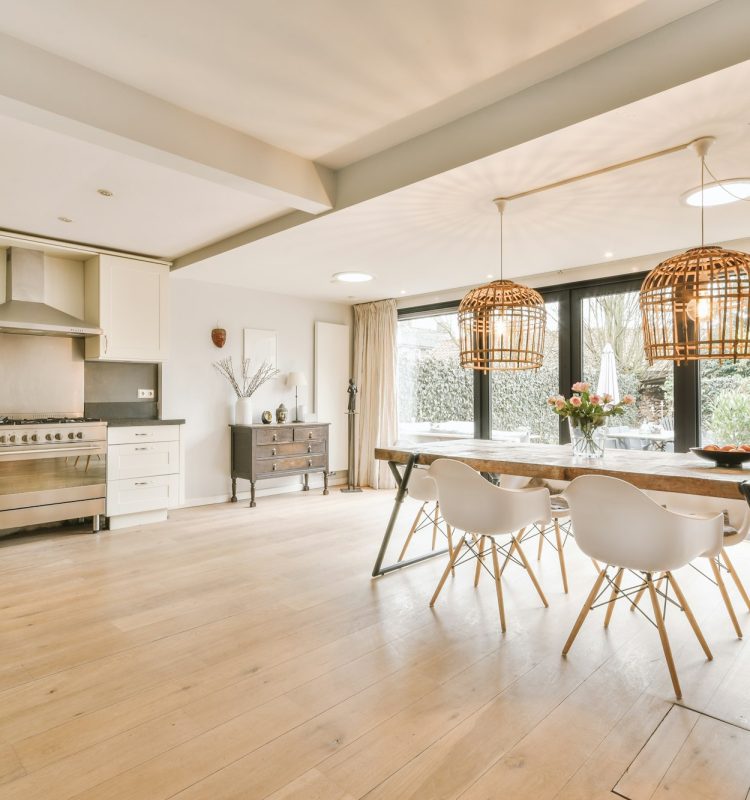 Modern furnished living room with kitchen